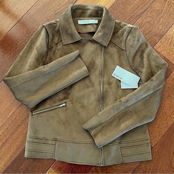 NWT Justfab Faux Suede Moto Jacket Brown Size M - Picture 1 of 9
